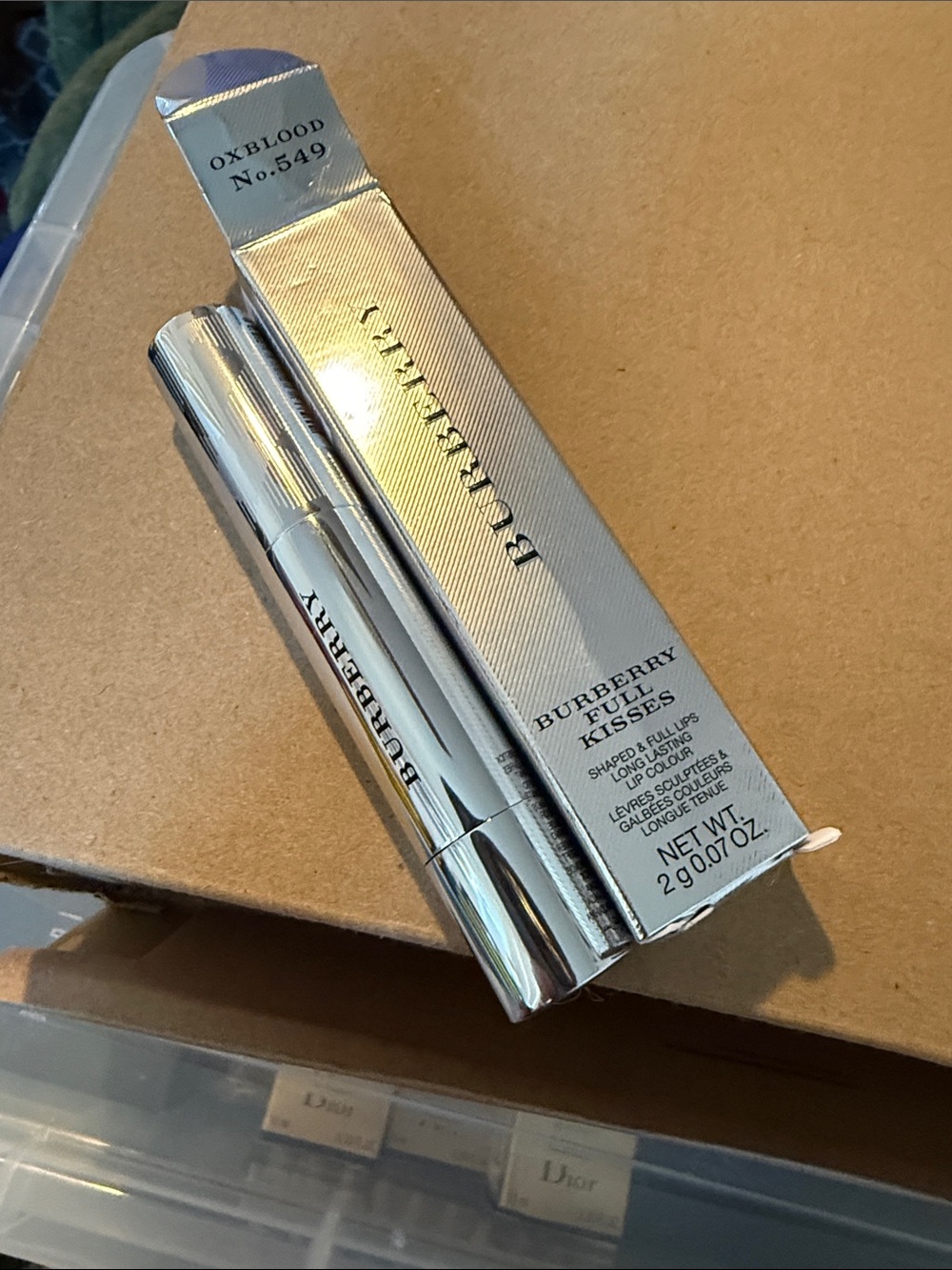 Burberry Silver Metallic Lipstick Case — Oxblood